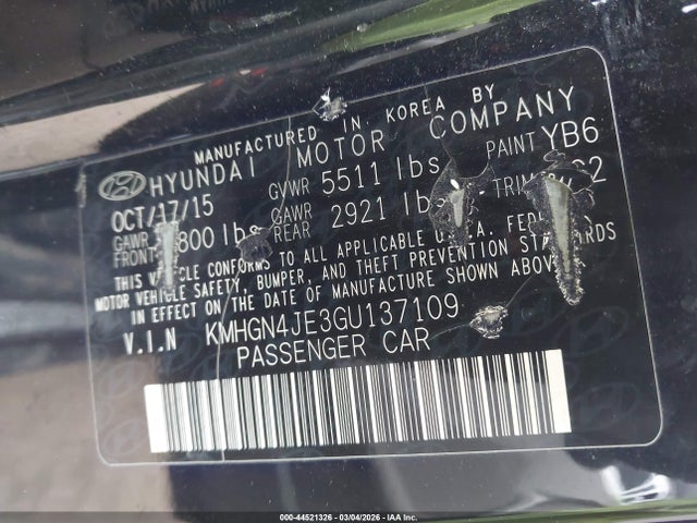 44521326 :رقم المزاد ، KMHGN4JE3GU137109 vin ، 2016 Hyundai Genesis 3.8 مزاد بيع
