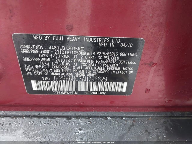 Aukcja sprzedaży 2010 Subaru Forester 2.5x, vin: JF2SH6BC3AH796629, numer aukcji: 44521371
