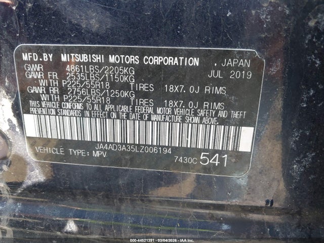 44521391 :رقم المزاد ، JA4AD3A35LZ006194 vin ، 2020 Mitsubishi Outlander Sel 2.4 مزاد بيع