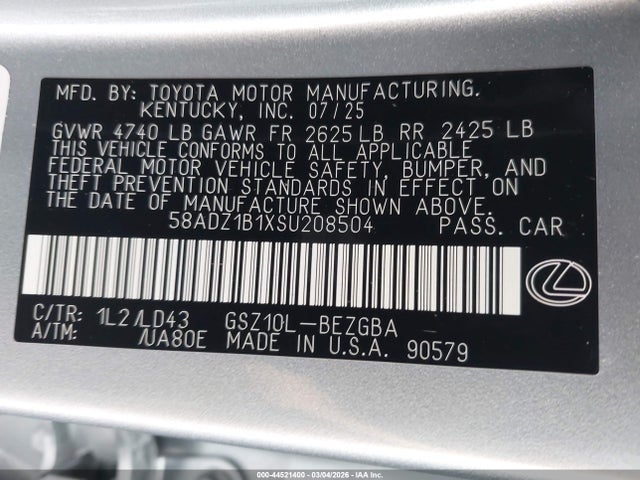 44521400 :رقم المزاد ، 58ADZ1B1XSU208504 vin ، 2025 Lexus Es 350 مزاد بيع