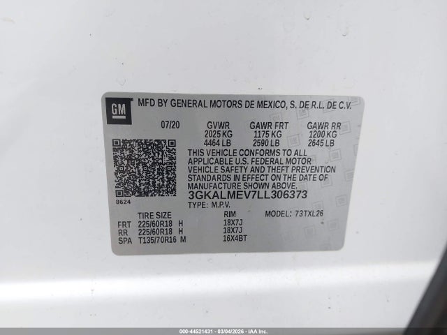 Aukcja sprzedaży 2020 Gmc Terrain Fwd Sle, vin: 3GKALMEV7LL306373, numer aukcji: 44521431