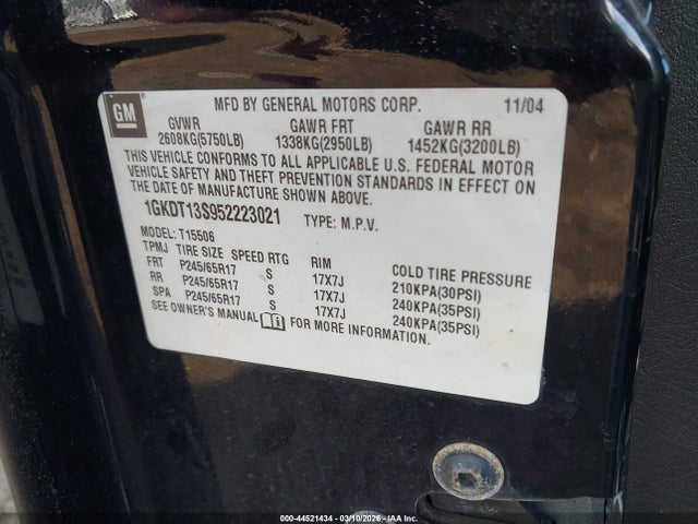 Aukcja sprzedaży 2005 Gmc Envoy Slt, vin: 1GKDT13S952223021, numer aukcji: 44521434