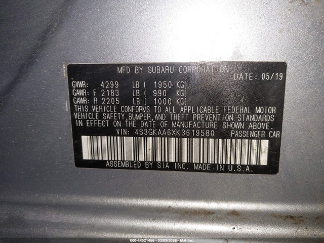 Продажа на аукционе авто 2019 Subaru Impreza 2.0i, vin: 4S3GKAA6XK3619580, номер лота: 44521456