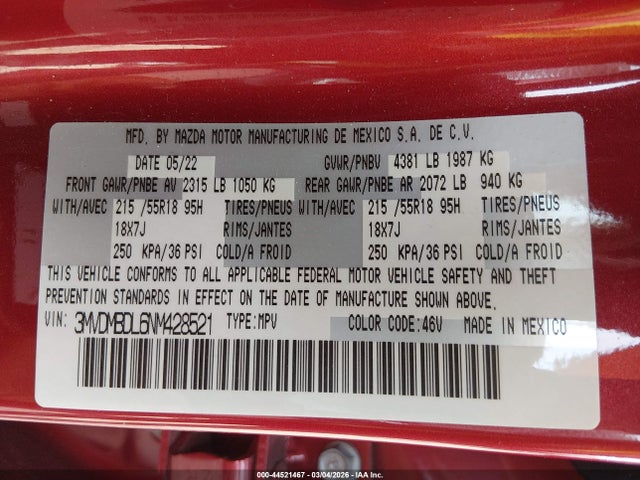 Продажа на аукционе авто 2022 Mazda Cx-30 Premium, vin: 3MVDMBDL6NM428521, номер лота: 44521467