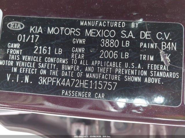 Aukcja sprzedaży 2017 Kia Forte Lx, vin: 3KPFK4A72HE115757, numer aukcji: 44521471