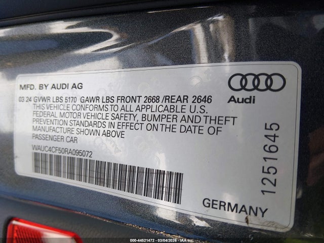 Aukcja sprzedaży 2024 Audi S5 Sportback Premium Plus Tfsi Quattro Tiptronic, vin: WAUC4CF50RA095072, numer aukcji: 44521472