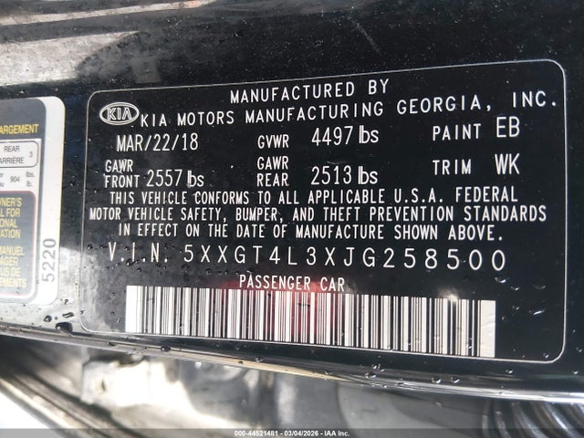 44521481 :رقم المزاد ، 5XXGT4L3XJG258500 vin ، 2018 Kia Optima Lx مزاد بيع