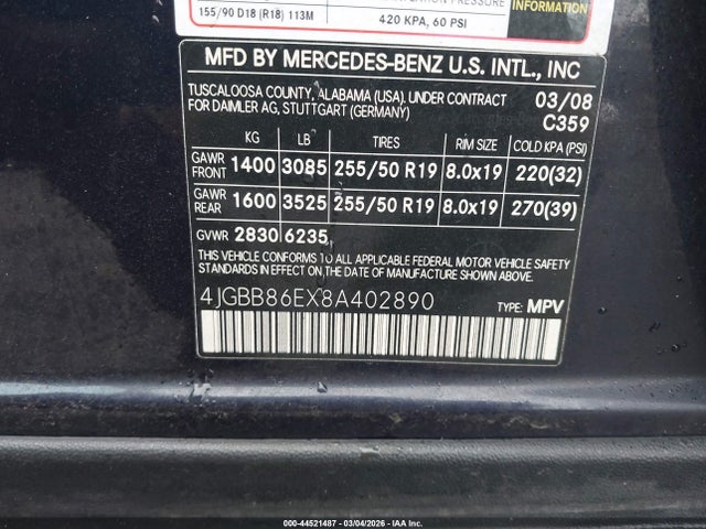 Продаж на аукціоні авто 2008 Mercedes-benz Ml 350 4matic, vin: 4JGBB86EX8A402890, номер лоту: 44521487