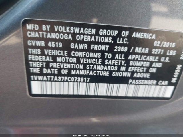 Auction sale of the 2015 Volkswagen Passat 1.8t Wolfsburg Edition, vin: 1VWAT7A37FC073917, lot number: 44521497