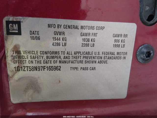 Продажа на аукционе авто 2007 Chevrolet Malibu Lt, vin: 1G1ZT58N97F165962, номер лота: 44521502