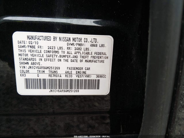 2010 Infiniti G37x მანქანა იყიდება აუქციონზე, vin: JN1CV6AR9AM251269, აუქციონის ნომერი: 44521506