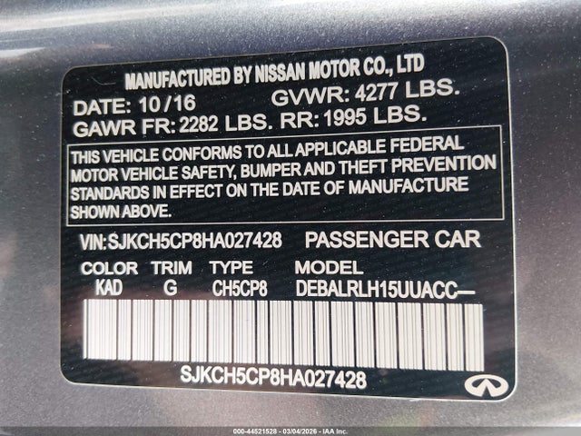2017 Infiniti Qx30 Premium მანქანა იყიდება აუქციონზე, vin: SJKCH5CP8HA027428, აუქციონის ნომერი: 44521528