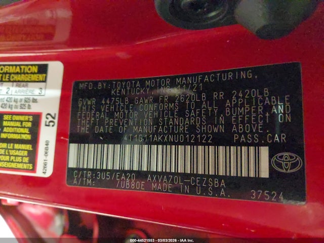 Toyota CAMRY SE 2022 4T1G11AKXNU012122 Image 9