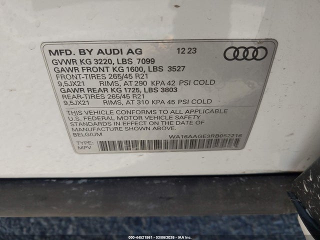 Aukcja sprzedaży 2024 Audi Q8 E-tron Prestige Quattro, vin: WA16AAGE3RB052216, numer aukcji: 44521561