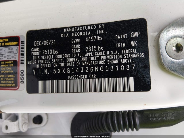 Aukcja sprzedaży 2022 Kia K5 Lxs, vin: 5XXG14J26NG131037, numer aukcji: 44521569