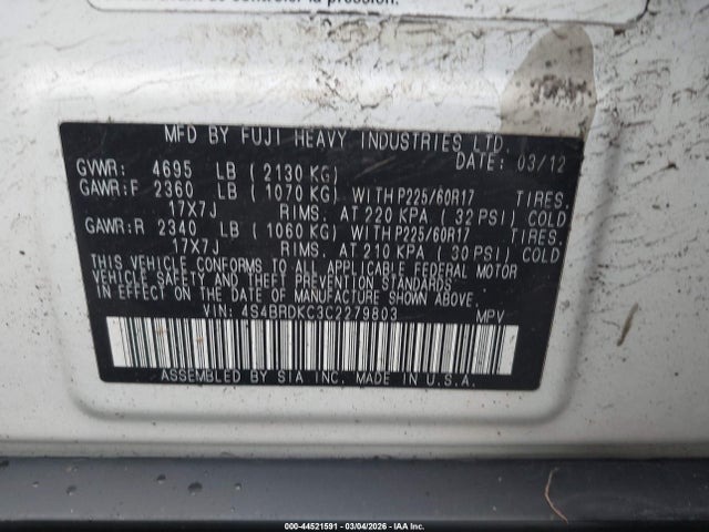 44521591 :رقم المزاد ، 4S4BRDKC3C2279803 vin ، 2012 Subaru Outback 3.6r Limited مزاد بيع