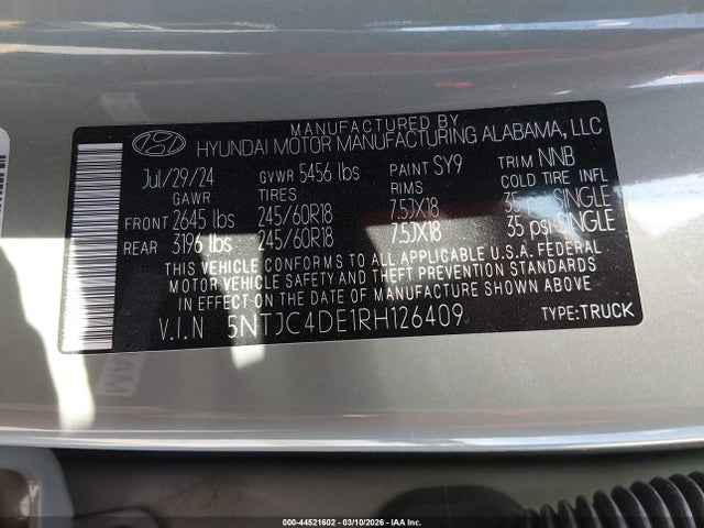 2024 Hyundai Santa Cruz Sel მანქანა იყიდება აუქციონზე, vin: 5NTJC4DE1RH126409, აუქციონის ნომერი: 44521602