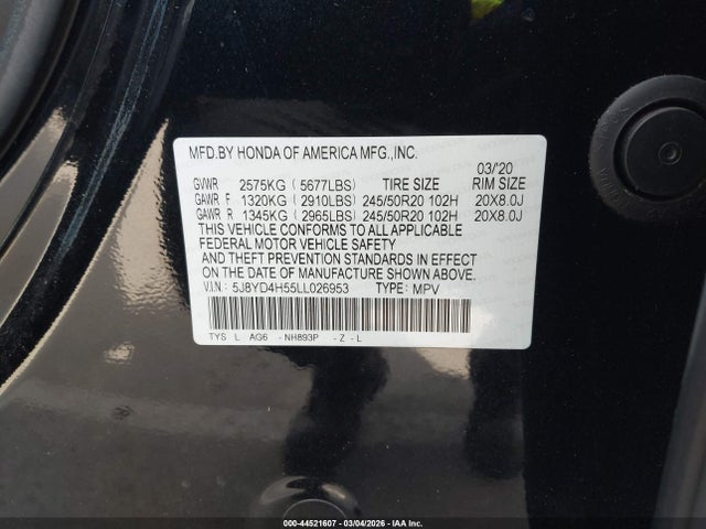 Aukcja sprzedaży 2020 Acura Mdx Technology Package, vin: 5J8YD4H55LL026953, numer aukcji: 44521607