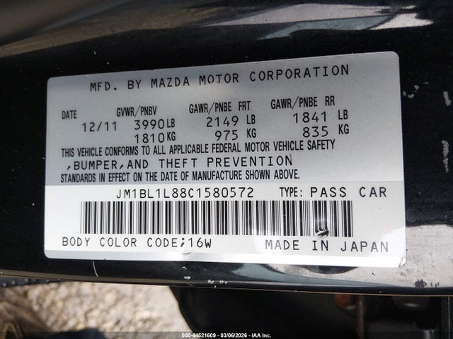 44521609 :رقم المزاد ، JM1BL1L88C1580572 vin ، 2012 Mazda Mazda3 I Touring مزاد بيع