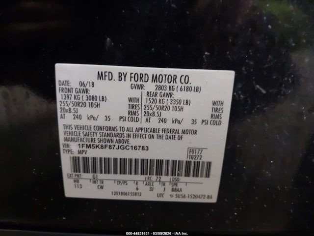 44521631 :رقم المزاد ، 1FM5K8F87JGC16783 vin ، 2018 Ford Explorer Limited مزاد بيع