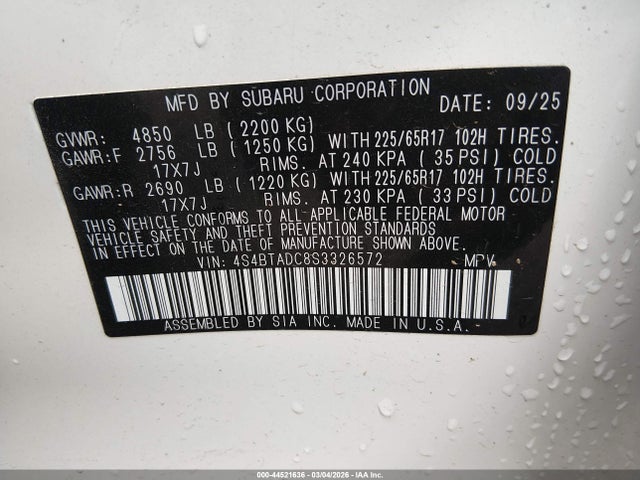 Aukcja sprzedaży 2025 Subaru Outback Premium, vin: 4S4BTADC8S3326572, numer aukcji: 44521636