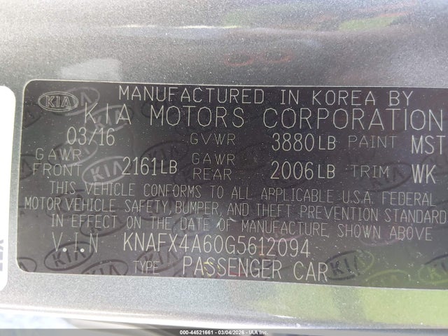 KNAFX4A60G5612094 KIA FORTE LX