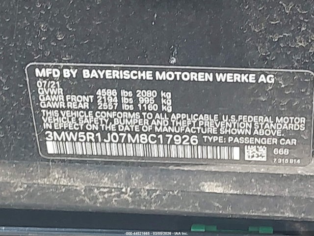 Продаж на аукціоні авто 2021 Bmw 330i, vin: 3MW5R1J07M8C17926, номер лоту: 44521665