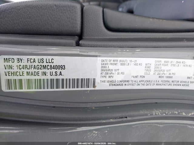 Продажа на аукционе авто 2021 Jeep Grand Cherokee Laredo X 4x4, vin: 1C4RJFAG2MC840093, номер лота: 44521674
