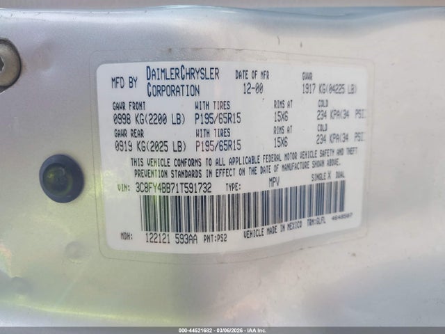 Продаж на аукціоні авто 2001 Chrysler Pt Cruiser, vin: 3C8FY4BB71T591732, номер лоту: 44521682