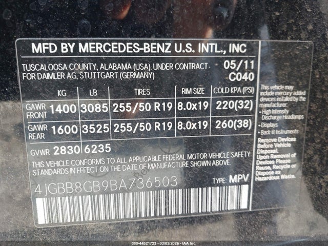 Aukcja sprzedaży 2011 Mercedes-benz Ml 350 4matic, vin: 4JGBB8GB9BA736503, numer aukcji: 44521723