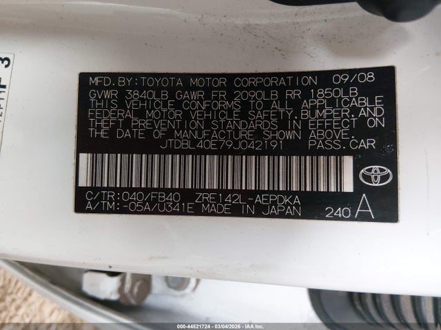 Продаж на аукціоні авто 2009 Toyota Corolla Le, vin: JTDBL40E79J042191, номер лоту: 44521724