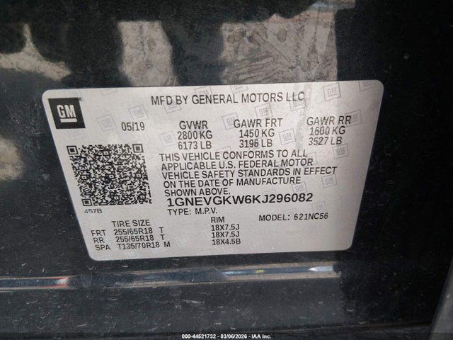 2019 Chevrolet Traverse 1lt მანქანა იყიდება აუქციონზე, vin: 1GNEVGKW6KJ296082, აუქციონის ნომერი: 44521732