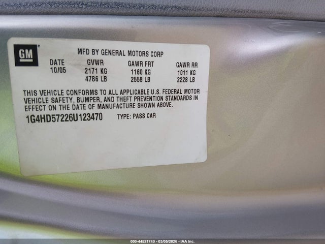 44521740 :رقم المزاد ، 1G4HD57226U123470 vin ، 2006 Buick Lucerne Cxl مزاد بيع