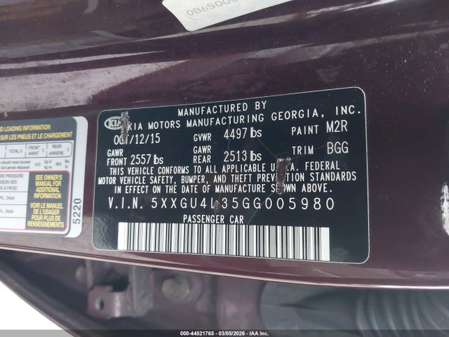 44521765 :رقم المزاد ، 5XXGU4L35GG005980 vin ، 2016 Kia Optima Ex مزاد بيع