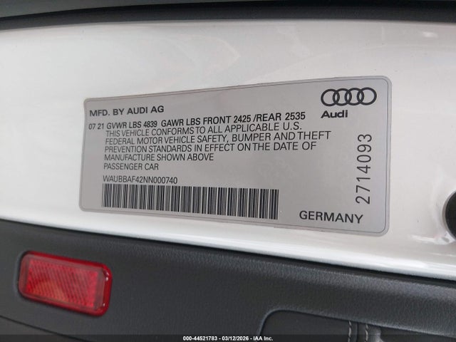 Продаж на аукціоні авто 2022 Audi A4 Premium Plus 40 Tfsi Quattro S Tronic, vin: WAUBBAF42NN000740, номер лоту: 44521783