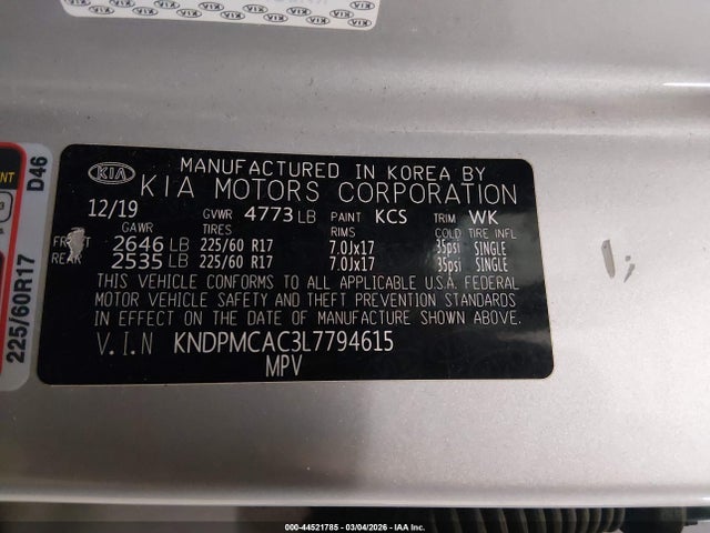 Продажа на аукционе авто 2020 Kia Sportage Lx, vin: KNDPMCAC3L7794615, номер лота: 44521785