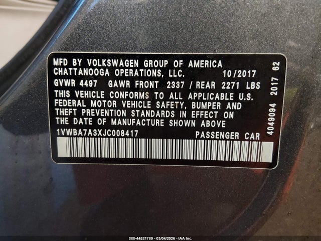 44521789 :رقم المزاد ، 1VWBA7A3XJC008417 vin ، 2018 Volkswagen Passat 2.0t Se مزاد بيع