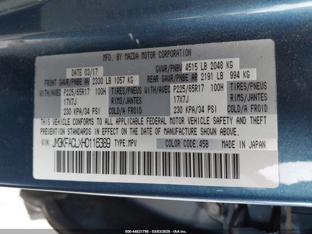 44521798 :رقم المزاد ، JM3KFACLXH0116389 vin ، 2017 Mazda Cx-5 Touring مزاد بيع