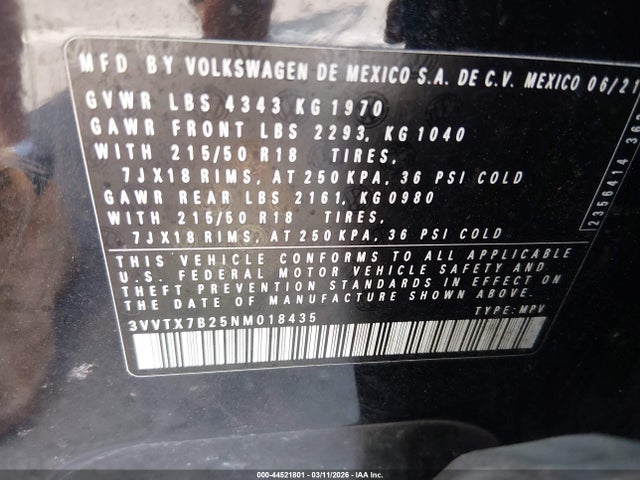 44521801 :رقم المزاد ، 3VVTX7B25NM018435 vin ، 2022 Volkswagen Taos 1.5t Se مزاد بيع