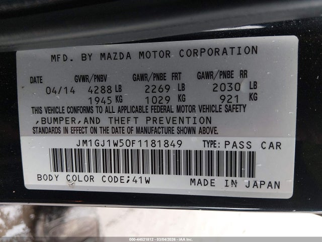 44521812 :رقم المزاد ، JM1GJ1W50F1181849 vin ، 2015 Mazda Mazda6 I Grand Touring مزاد بيع