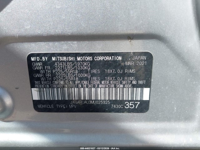 44521827 :رقم المزاد ، JA4ARUAU3MU025325 vin ، 2021 Mitsubishi Outlander Sport 2.0 Be Awc/2.0 Es Awc/2.0 Le Awc/2.0 Se Awc مزاد بيع