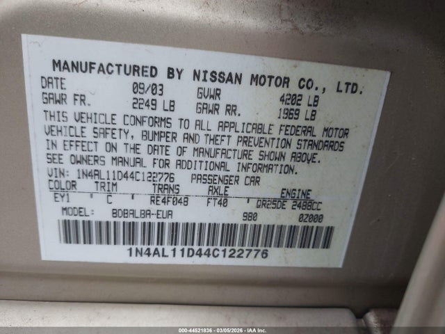Aukcja sprzedaży 2004 Nissan Altima 2.5 S, vin: 1N4AL11D44C122776, numer aukcji: 44521836