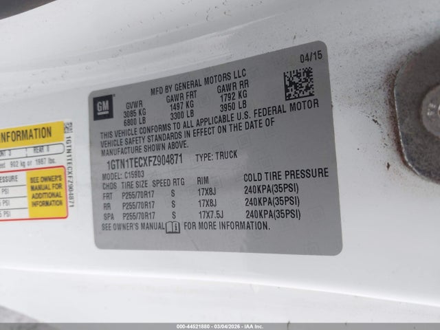 44521880 :رقم المزاد ، 1GTN1TECXFZ904871 vin ، 2015 Gmc Sierra 1500 مزاد بيع