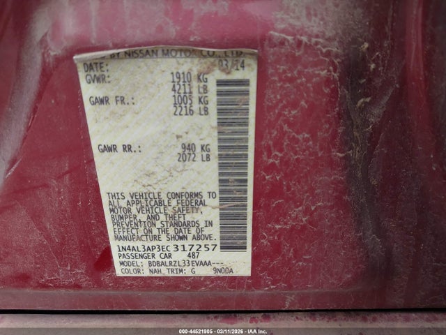 Auction sale of the 2014 Nissan Altima 2.5 S, vin: 1N4AL3AP3EC317257, lot number: 44521905