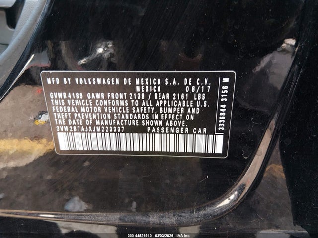 2018 Volkswagen Jetta 1.4t S მანქანა იყიდება აუქციონზე, vin: 3VW2B7AJXJM223337, აუქციონის ნომერი: 44521910