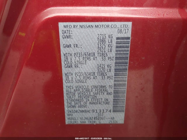 44521917 :رقم المزاد ، 5N1DR2MM8HC913174 vin ، 2017 Nissan Pathfinder S مزاد بيع