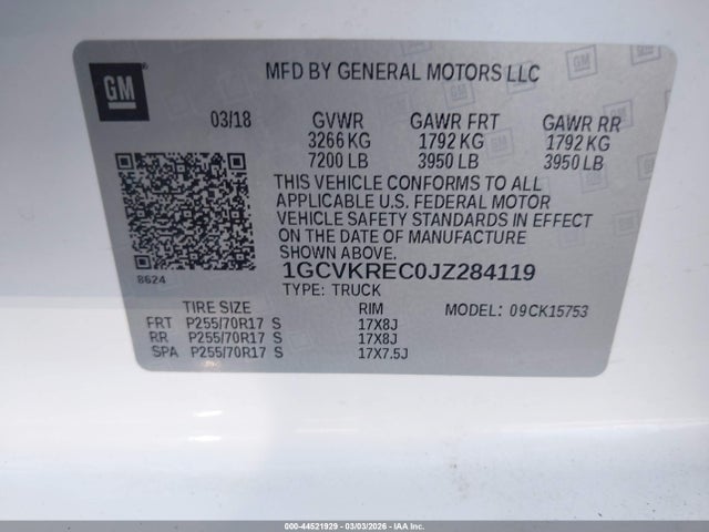 1GCVKREC0JZ284119 Chevrolet Silverado 1500 1lt