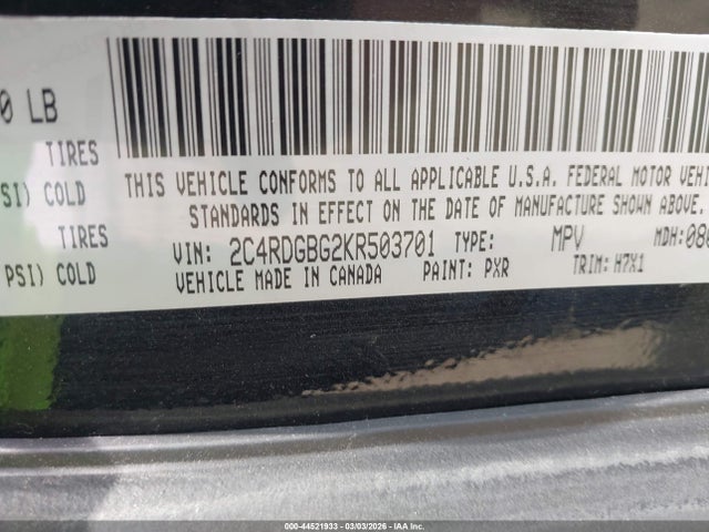 44521933 :رقم المزاد ، 2C4RDGBG2KR503701 vin ، 2019 Dodge Grand Caravan Se مزاد بيع