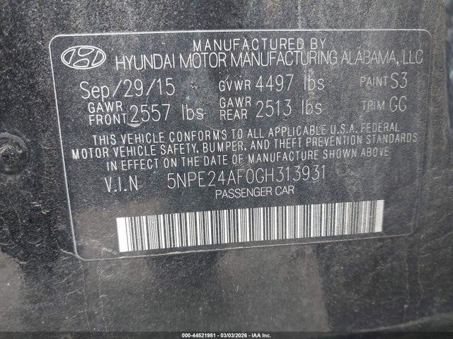 5NPE24AF0GH313931 Hyundai SONATA SE