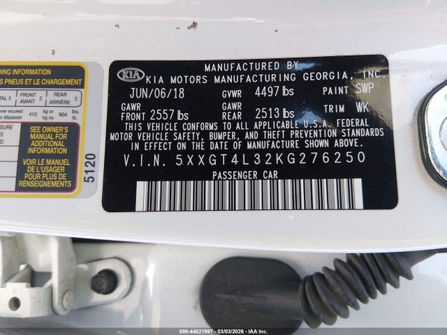 44521997 :رقم المزاد ، 5XXGT4L32KG276250 vin ، 2019 Kia Optima Lx مزاد بيع